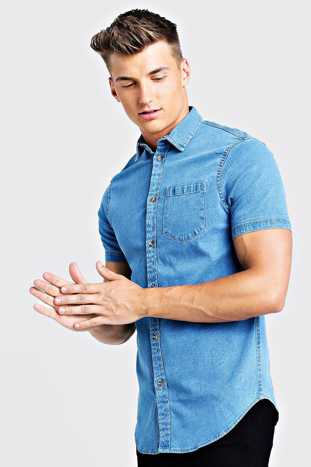 Short Sleeve Denim Shirt In Muscle Fit | boohooMAN UK